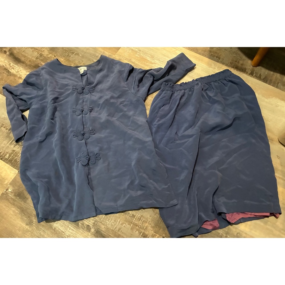Papell Too Woman Blue 100% Silk 2 Piece Skirt Set Frog Toggle Tunic Vintage 14